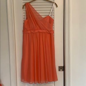 David’s Bridal coral colored one-sleeve dress